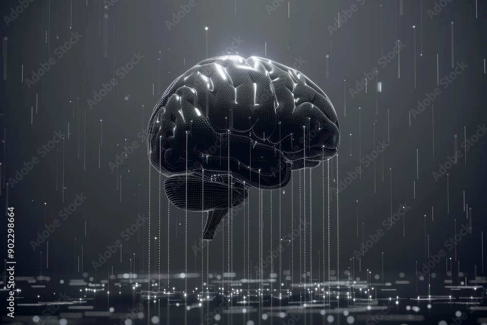 Poster modern neural brain model with rain effect in digital display