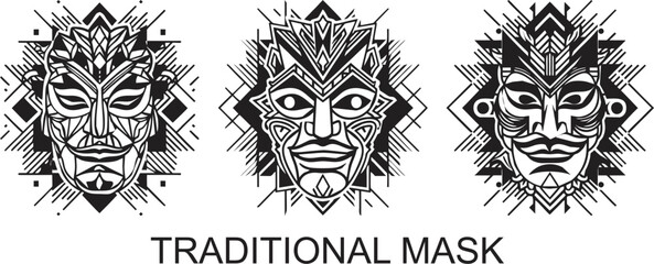 black and white traditional mask abstract vector in flat design style