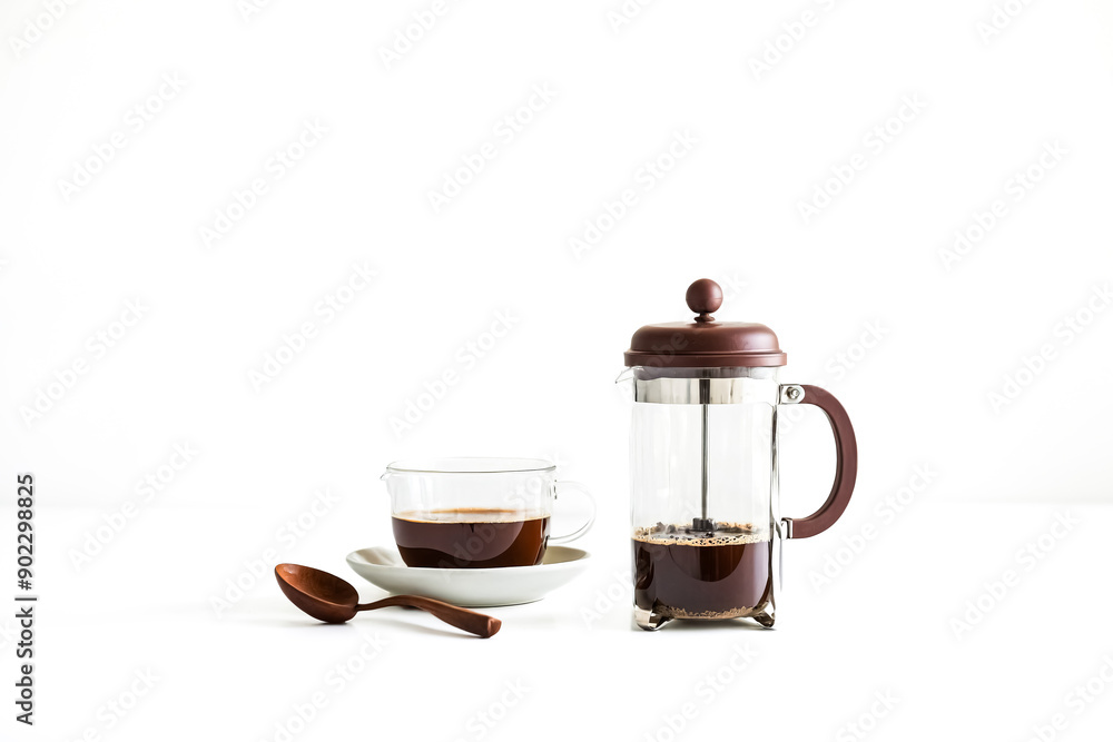 Wall mural French Press Coffee with a Wooden Spoon