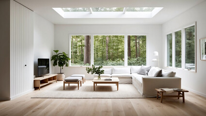 Scandinavian minimalist style living room in a quiet forest, light wooden floors and large windows let in natural light and greenery.