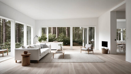 Scandinavian minimalist style living room in a quiet forest, light wooden floors and large windows let in natural light and greenery.