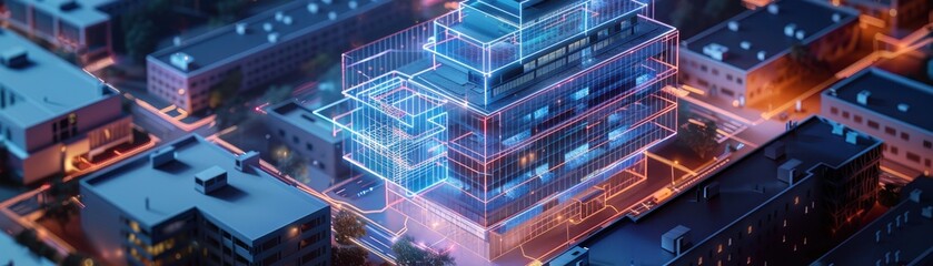 Fototapeta premium Aerial view of a vibrant urban landscape featuring a futuristic, illuminated building showcasing advanced technology.