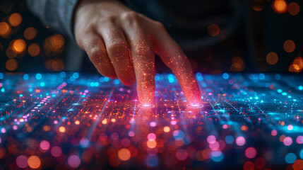 hand points toward a digital transformation concept, symbolizing progress and innovation in technology. The image highlights the integration of digital advancements in modern business