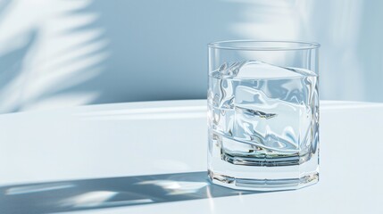 A crystal clear glass filled with ice cubes, resting on a pristine surface with soft shadows and light reflections.