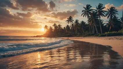Fototapeta premium A tranquil beach scene at sunset, with palm trees silhouetted against a colorful sky and calm ocean