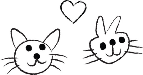 Line drawing of a cat, a heart, and a rabbit. Vector Illustration. Simple, cute, sketch.