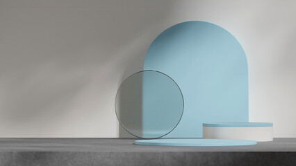 concrete floor white wall, 3d image render mockup template light blue cylinder podium in landscape