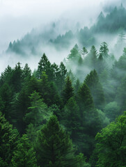 A lush, dense forest with tall evergreen trees shrouded in a mystical mist, creating a serene and tranquil atmosphere.