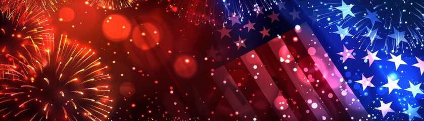 Obraz premium Celebrate with vibrant fireworks and an American flag against a colorful backdrop, perfect for patriotic events and holiday decorations.