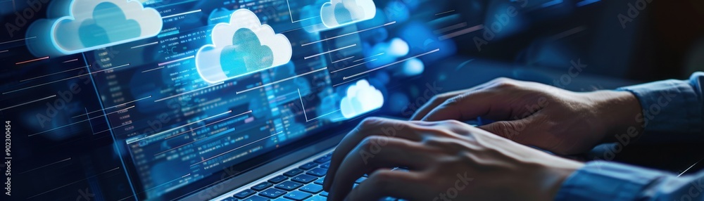 Poster chands typing on a laptop with cloud computing graphics, illustrating modern technology and digital 