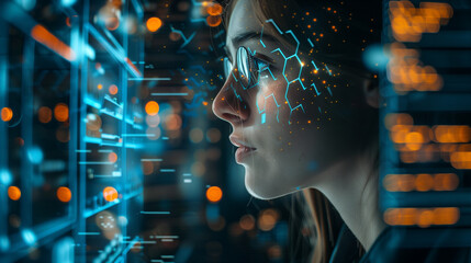Female IT professional in futuristic data center, illustrating AI and cyber security threat analysis. Concept of modern technological challenges.