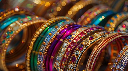 Fototapeta premium A mesmerizing pattern of colorful bangles, their intricate designs and bright colors creating a captivating visual.