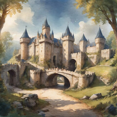 Fototapeta premium Watercolor painting of Stone Bridge Leading to Medieval Castle
