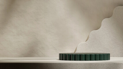 dark green cylinder podium in landscape beige ceramics textured floor, rendering 3d empty scene