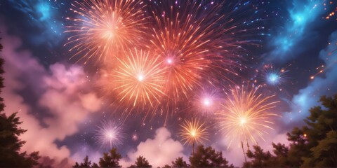 Fototapeta premium Beautiful display fireworks exploding night sky sky filled 4th o