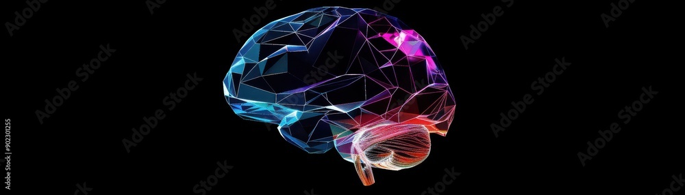 Poster colorful digital rendering of a brain, showcasing intricate neural connections and modern design ele