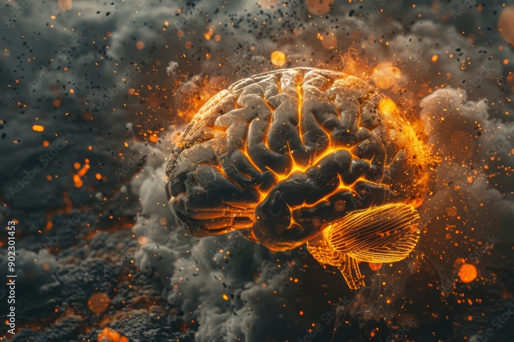 Poster explosive neural brain model in high tech digital environment