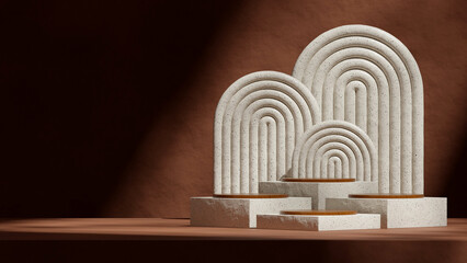 Obraz premium arch shape and brown wall, 3d render scene template beige ceramic block podium in landscape