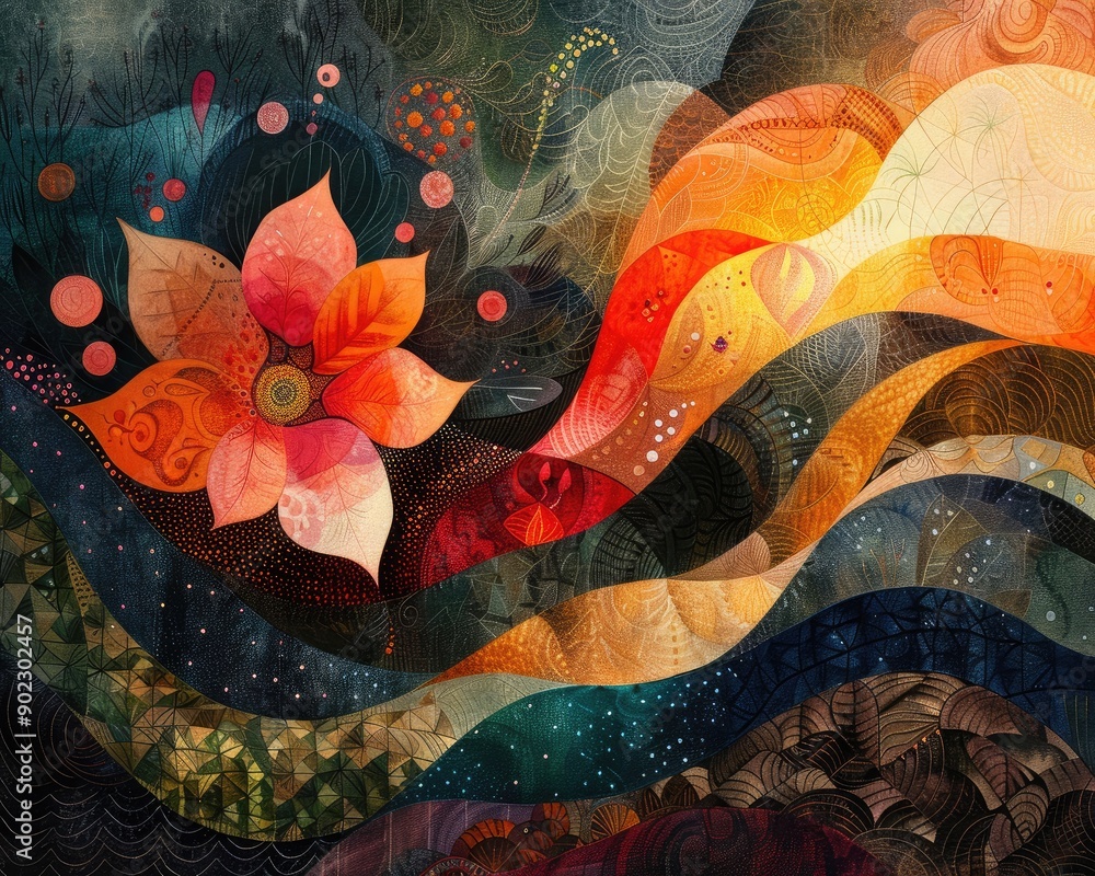 Poster abstract representation of spring's emergence, with dynamic patterns and tactile textures, warm hues
