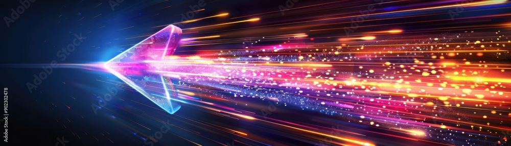 Poster dynamic arrow pattern with vibrant light streaks, representing speed and direction in a modern digit
