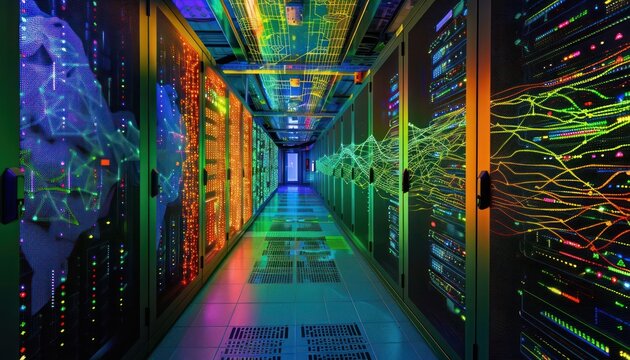 Corridor in a working data center filled with rack servers and supercomputers, illuminated by digital visualizations of internet connections and data flow projections.