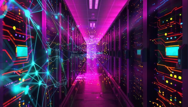 Corridor in a working data center filled with rack servers and supercomputers, illuminated by digital visualizations of internet connections and data flow projections.