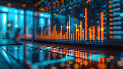 Business conference room with professionals analyzing benchmarking data, high-resolution stock graph blurred background