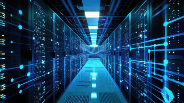 Corridor in a working data center filled with rack servers and supercomputers, illuminated by blue LED lights and digital visualizations of internet connections.
