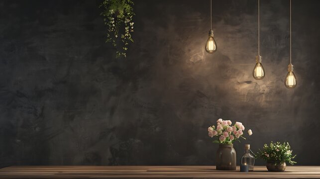 Wooden Table with Hanging Light Bulbs and Flowers