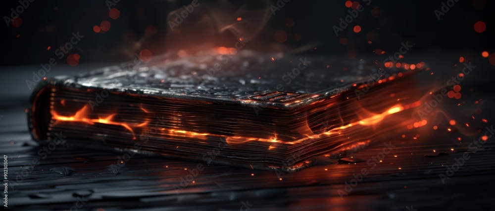 Wall mural Mysterious Ancient Book with Glowing Embers and Smoke on Dark Background