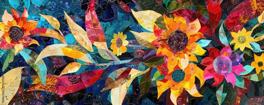 Poster abstract representation of spring transformation, dynamic and bold interplay of colors, layered text