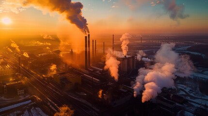 Fototapeta premium Dawn over a metallurgical plant with dense smoke plumes rising into the sky, showing the adverse effects on air quality.