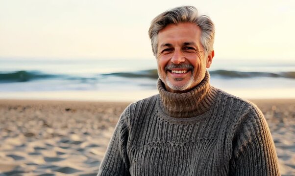 Lifestyle portrait video of a grinning man in his 40s wearing a cozy sweater against a beach background