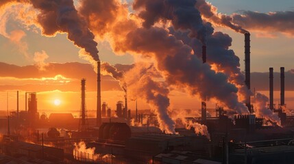 Dawn over a metallurgical plant with dense smoke plumes rising into the sky, showing the adverse effects on air quality.