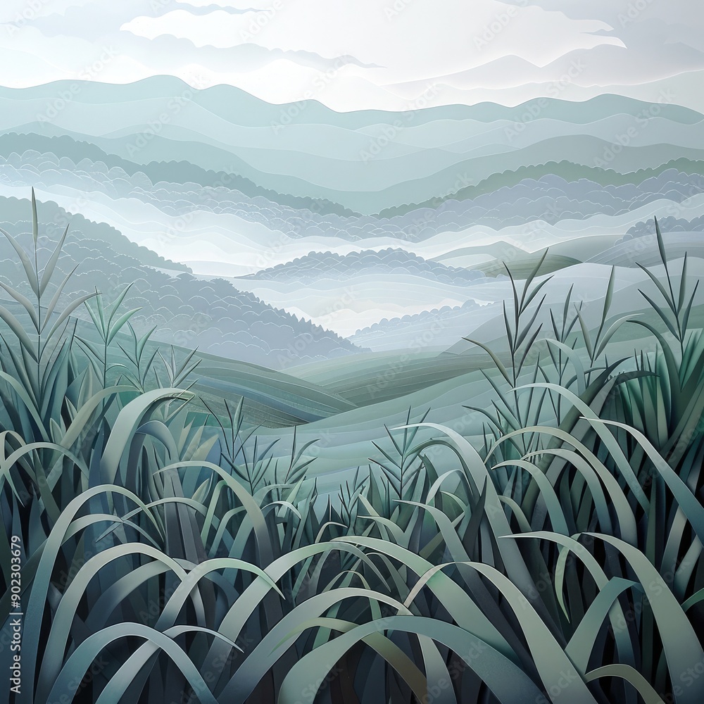 Poster paper cut art of sugarcane fields at dawn, misty layers and subtle colors creating a mystical scene