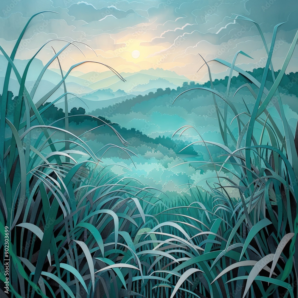 Poster paper cut art of sugarcane fields at dawn, misty layers and subtle colors creating a mystical scene