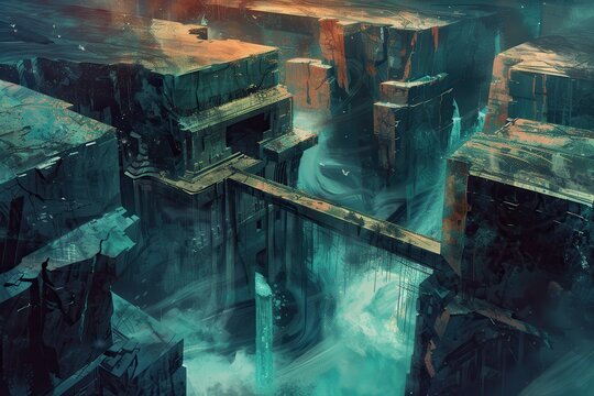 Ancient alien ruins in a deep chasm with glowing water