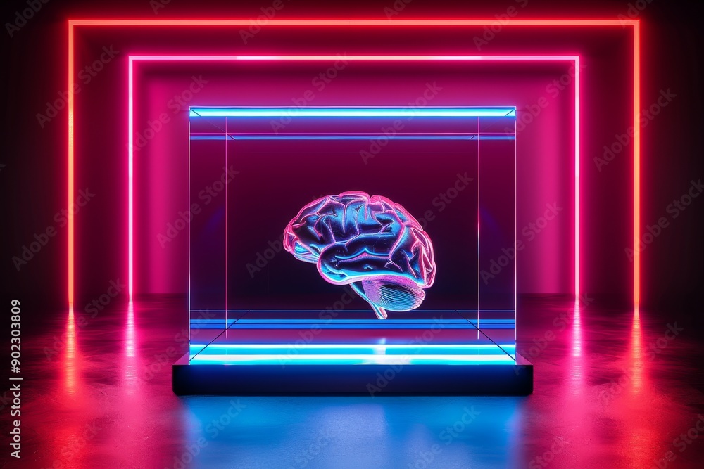Poster neural brain model in neon high tech digital display