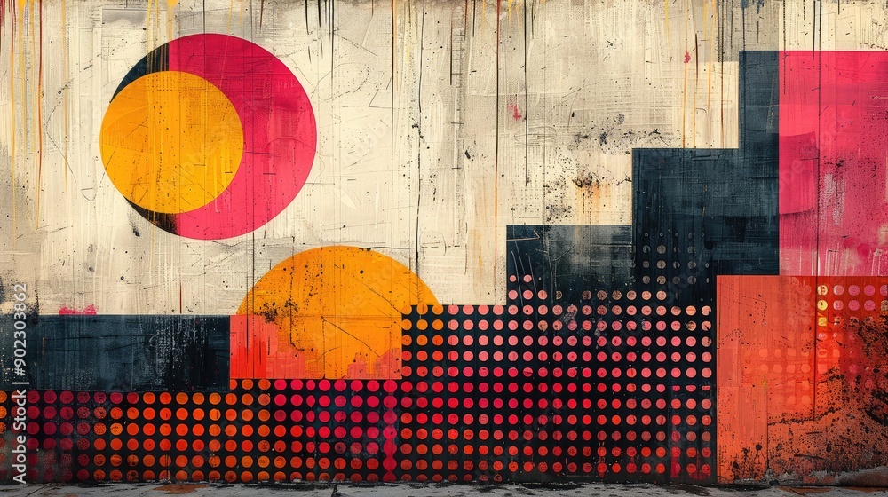Aufkleber abstract risograph art with geometric shapes and bold color contrasts, emphasizing grainy textures a