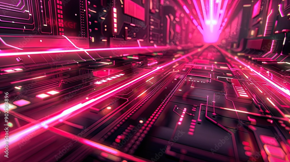 Poster futuristic circuit board with glowing elements and ample copyspace