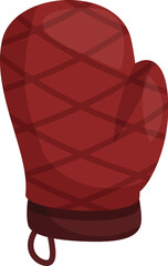 Red oven mitt with hanging loop, protecting hand from burns while baking