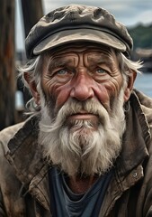 Obraz premium Portrait of a seasoned fisherman, with weathered skin, deep wrinkles, and a piercing gaze. He sports a white beard and a fishermans hat. The background is a softly blurred dock, portrait of old person