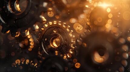 Close-up of gears with a glowing backlight, ideal for messages
