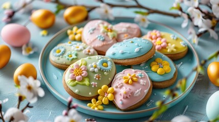 Easter-themed cookies decorated with pastel icing and spring motifs