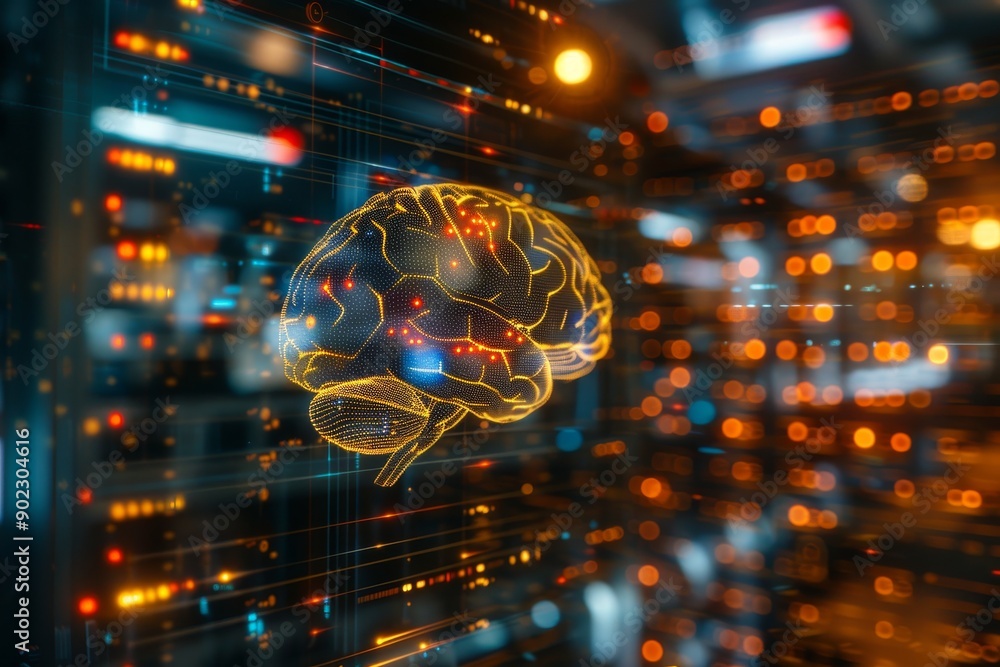 Aufkleber futuristic neural brain model with digital circuitry in high tech lab