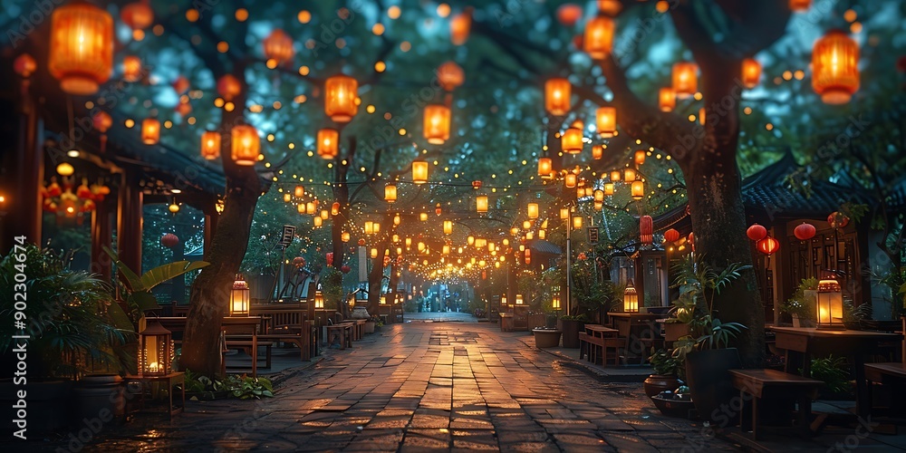 Poster a walkway with lanterns from trees.