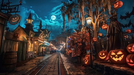 Halloween-themed amusement park in Orlando with haunted rides and costumed staff