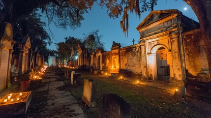 Haunted cemetery tour in New Orleans with eerie decorations and historical stories