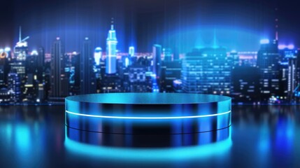 Metallic podium with a futuristic cityscape background, suitable for tech products and text