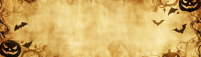 Obraz premium Halloween background, vintage style, blank space, ornate frame, faded pumpkins and bats, sepia tones, nostalgic and spooky